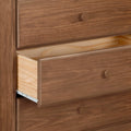 Walnut-finish wooden dresser with one open drawer revealing natural pine interior and metal slide, classic bedroom storage chest