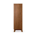Mid-century modern tall walnut wood wardrobe cabinet with tapered legs, narrow storage armoire for bedroom or hallway on white background