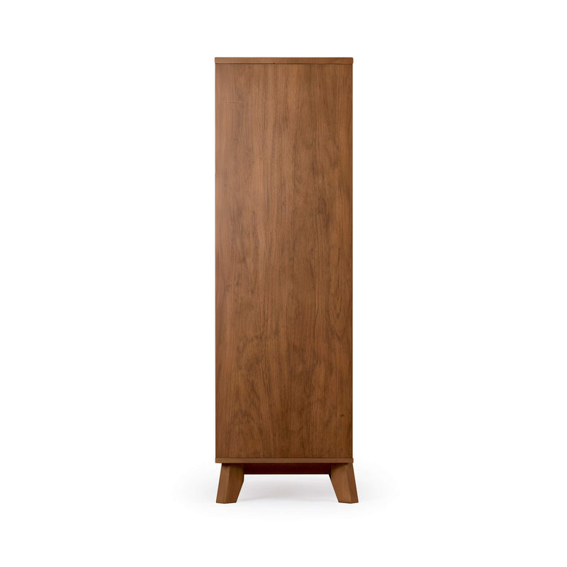 Mid-century modern tall walnut wood wardrobe cabinet with tapered legs, narrow storage armoire for bedroom or hallway on white background
