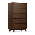 Mid-century modern walnut finish five-drawer tallboy dresser chest of drawers brown wooden bedroom storage