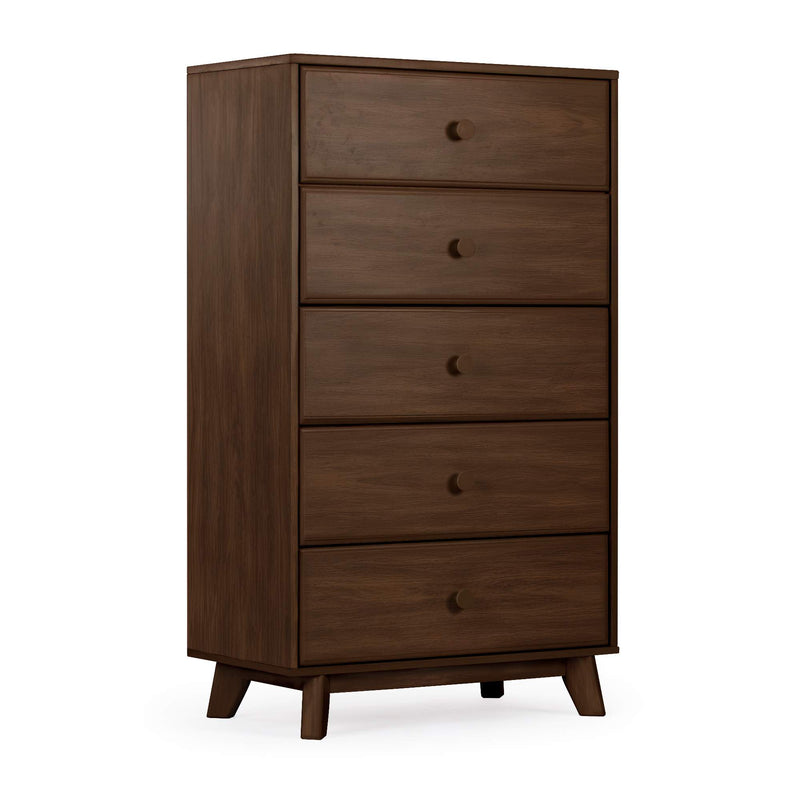 Mid-century modern walnut finish five-drawer tallboy dresser chest of drawers brown wooden bedroom storage