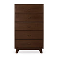 Mid-century modern tall five-drawer dark brown wood dresser with round knobs and tapered legs for bedroom storage
