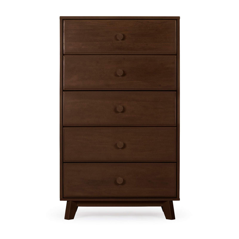 Mid-century modern tall five-drawer dark brown wood dresser with round knobs and tapered legs for bedroom storage