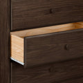 Dark walnut bedroom dresser with a partially open drawer revealing natural wood interior and round wood knobs