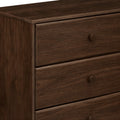 Brown walnut-finish three-drawer wooden dresser with round knobs, modern bedroom storage chest