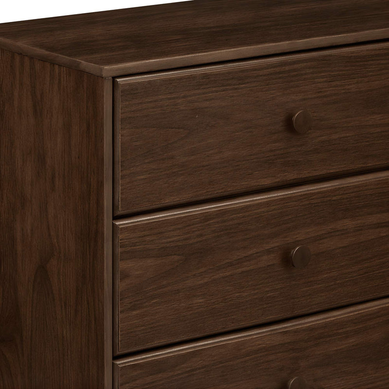 Brown walnut-finish three-drawer wooden dresser with round knobs, modern bedroom storage chest