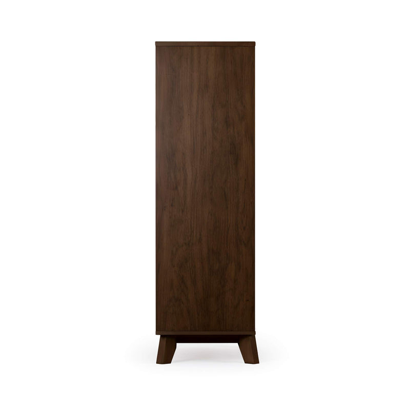 Tall narrow dark walnut storage cabinet with minimalist door and tapered legs, mid-century modern wooden wardrobe perfect for bedroom, hallway, or office organization