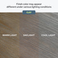 Wood finish color variation under warm, daylight, and cool lighting conditions.