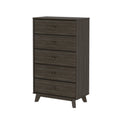 Tall wooden dresser with five drawers in dark brown finish.