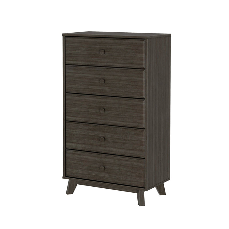 Tall wooden dresser with five drawers in dark brown finish.