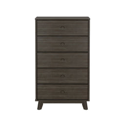 Dark wood five-drawer chest of drawers for bedroom storage.