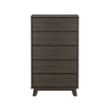 Dark wood five-drawer chest of drawers for bedroom storage.