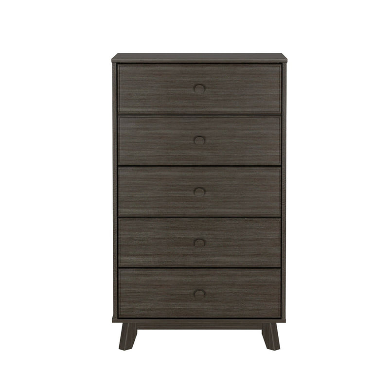 Dark wood five-drawer chest of drawers for bedroom storage.