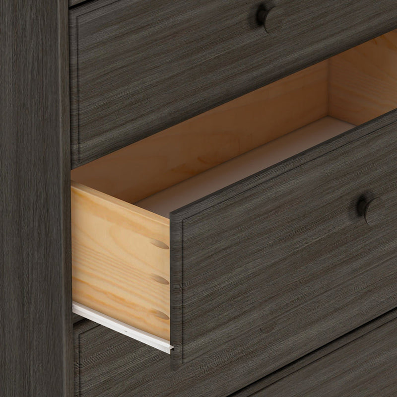 Open dark wood dresser drawer showing interior construction.