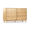 Mid-century modern six-drawer natural wood dresser with round knobs and tapered legs, bedroom storage furniture