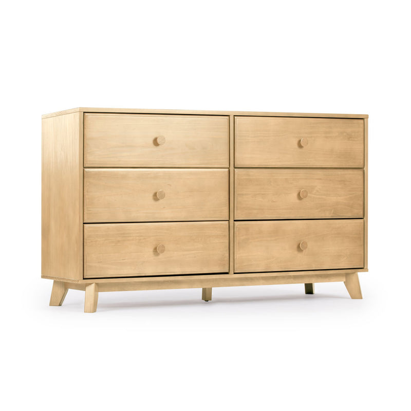 Mid-century modern six-drawer natural wood dresser with round knobs and tapered legs, bedroom storage furniture