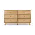 Light oak six-drawer wooden dresser chest with round knobs, mid-century modern bedroom storage dresser in natural wood finish