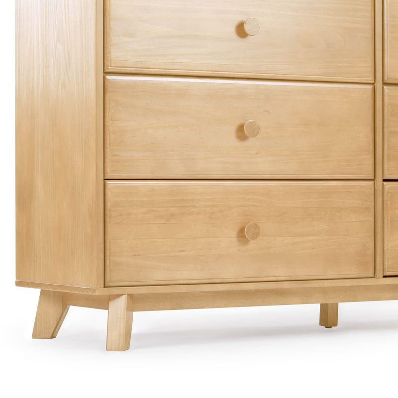 Light natural wood mid-century modern dresser with three drawers, round wooden knobs and angled legs — minimalist chest of drawers for bedroom storage