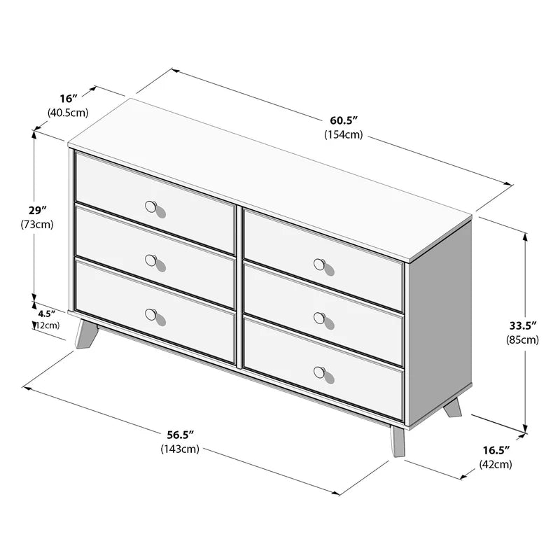 Dimensional diagram of a 6-drawer mid-century modern dresser with tapered legs, 60.5 in (154 cm) W x 16 in (40.5 cm) D x 33.5 in (85 cm) H, showing drawer layout and measurements
