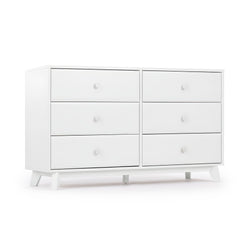 White six-drawer mid-century modern dresser with round knobs and angled wooden legs, minimalist bedroom storage