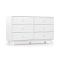 White six-drawer mid-century modern dresser with round knobs and angled wooden legs, minimalist bedroom storage