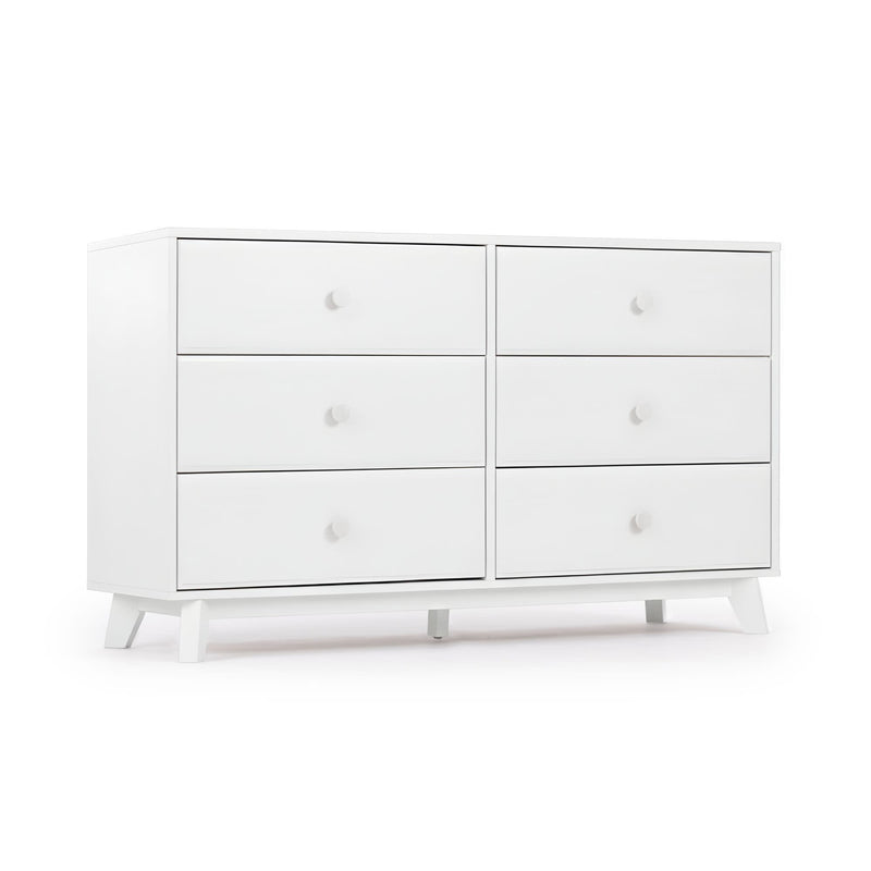 White six-drawer mid-century modern dresser with round knobs and angled wooden legs, minimalist bedroom storage