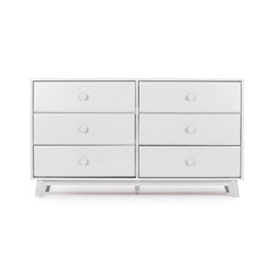 Modern white 6-drawer wooden dresser with round knobs and tapered legs, minimalist bedroom storage cabinet