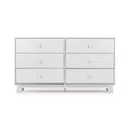 Modern white 6-drawer wooden dresser with round knobs and tapered legs, minimalist bedroom storage cabinet