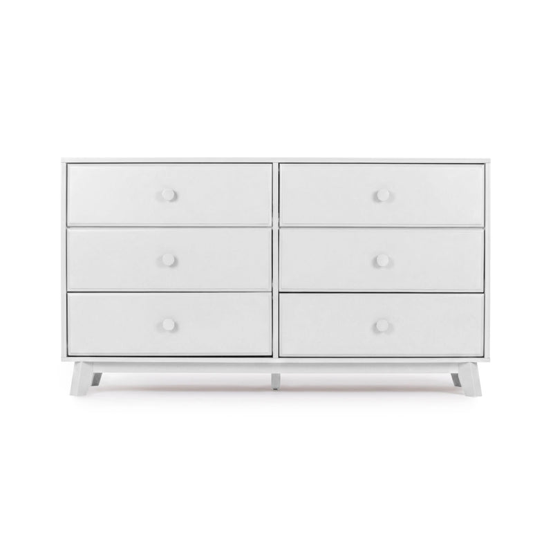 Modern white 6-drawer wooden dresser with round knobs and tapered legs, minimalist bedroom storage cabinet