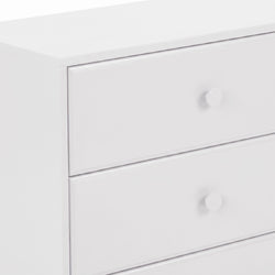 Close-up of modern white dresser drawers with round knobs, minimalist bedroom storage chest