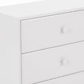 Close-up of modern white dresser drawers with round knobs, minimalist bedroom storage chest