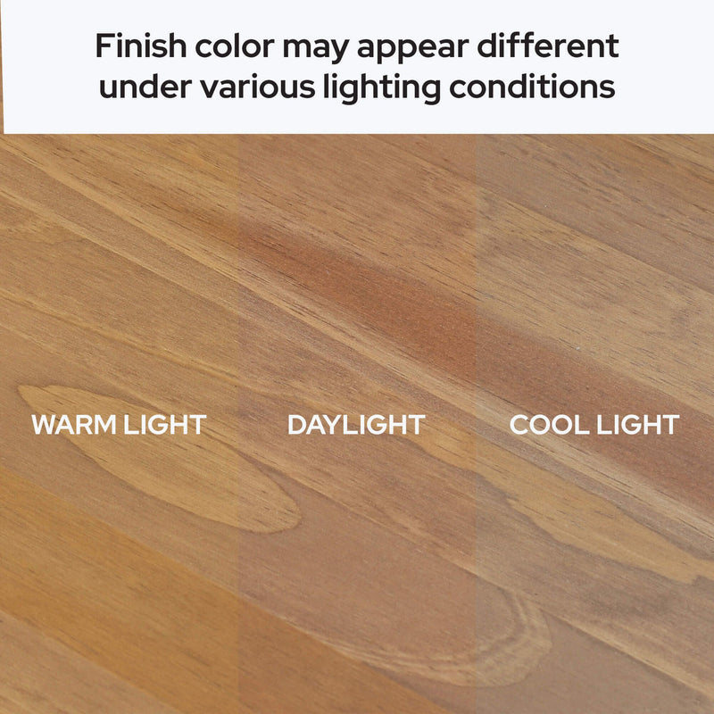 Wood finish color variations under warm light, daylight, and cool light.