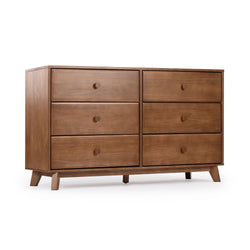 Modern wooden dresser with six drawers for bedroom storage.