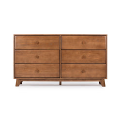 Modern six-drawer wooden dresser with mid-century design in natural finish.