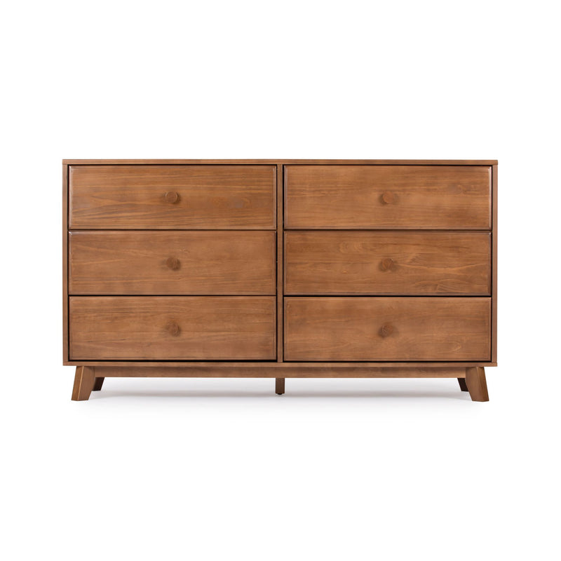 Modern six-drawer wooden dresser with mid-century design in natural finish.