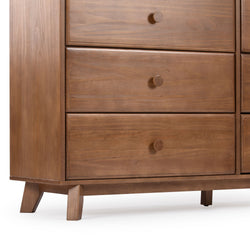 Modern wooden dresser with sleek design and smooth finish, featuring spacious storage drawers and contemporary style.