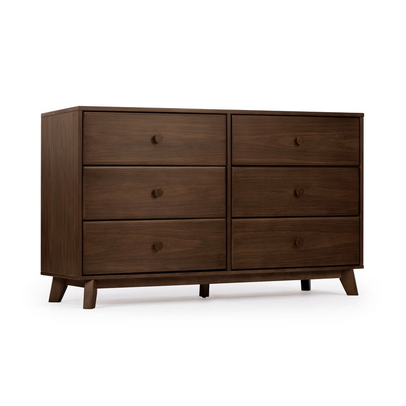 Mid-century modern 6-drawer walnut wood dresser with round wooden knobs and tapered legs, bedroom storage