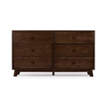 Mid-century modern six-drawer dark walnut wood dresser with tapered legs and round wooden knobs, spacious bedroom storage cabinet