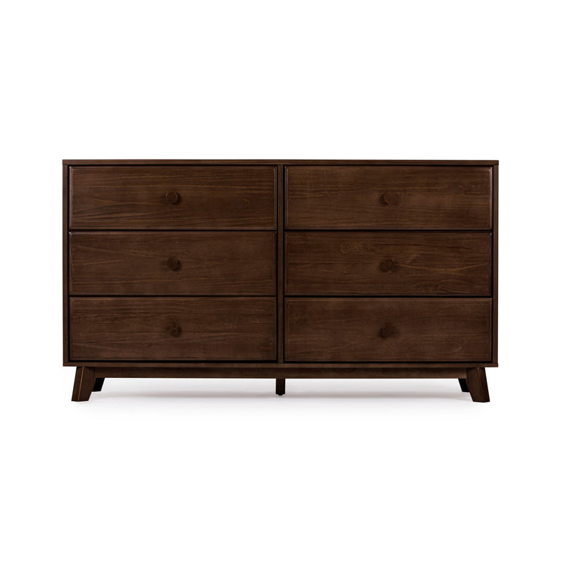Mid-century modern six-drawer dark walnut wood dresser with tapered legs and round wooden knobs, spacious bedroom storage cabinet