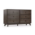Mid-century modern 6-drawer wooden dresser in gray-brown finish with round knobs and tapered legs for bedroom storage