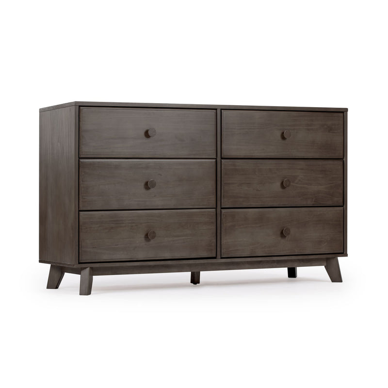 Mid-century modern 6-drawer wooden dresser in gray-brown finish with round knobs and tapered legs for bedroom storage
