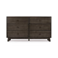 Mid-century modern dark walnut 6-drawer solid wood dresser with round knobs and tapered legs for bedroom storage