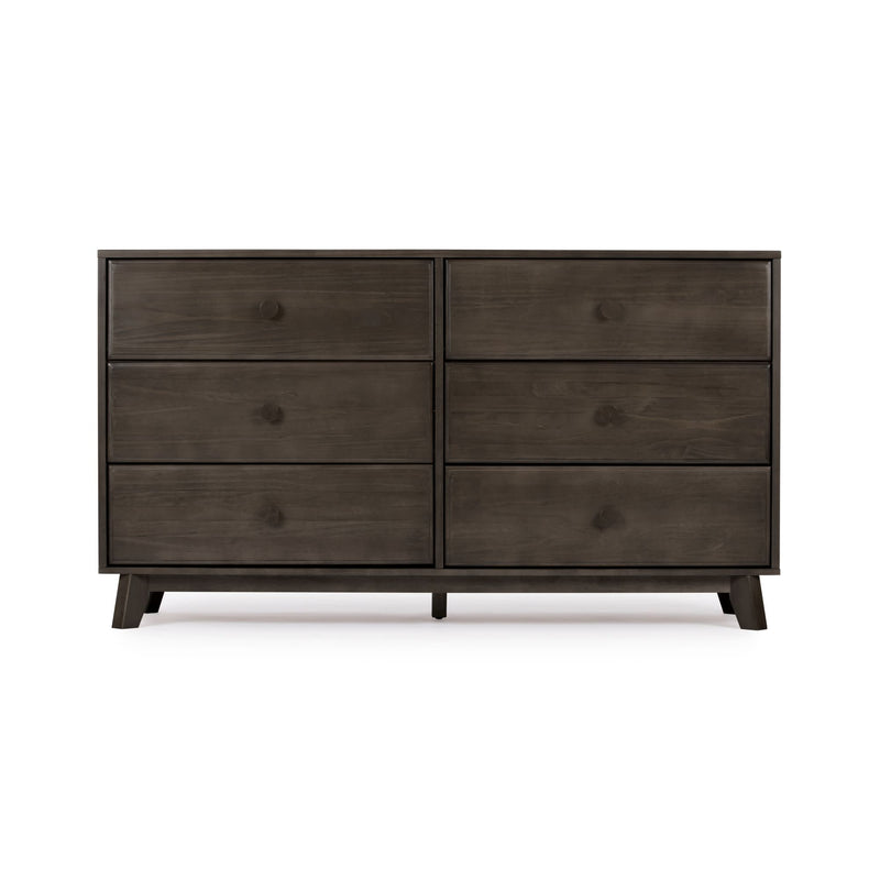 Mid-century modern dark walnut 6-drawer solid wood dresser with round knobs and tapered legs for bedroom storage