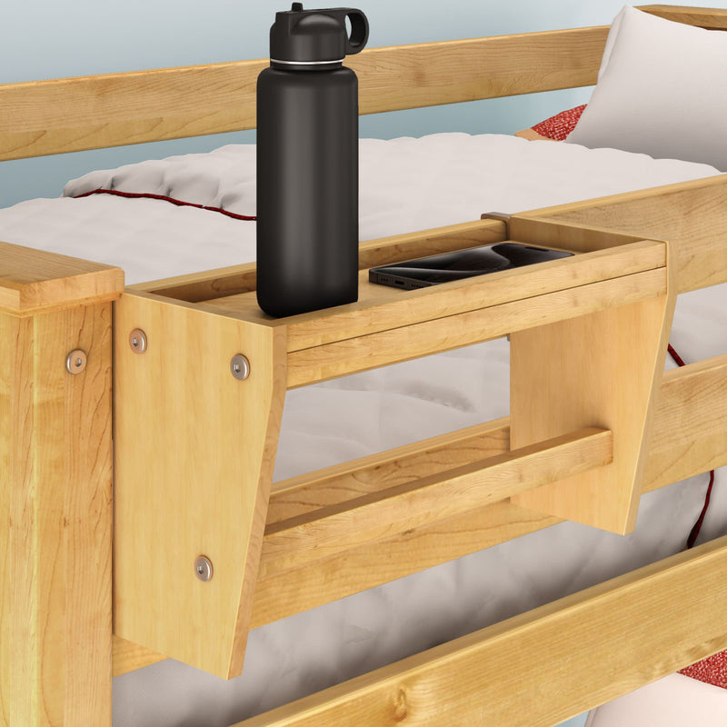 Wooden bunk bed shelf holding a black water bottle next to a smartphone, perfect for saving space and organizing essentials.