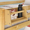 Wooden bed organizer shelf holding a book and water bottle, ideal for convenient bedside storage.