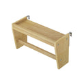 Wooden wall-mounted shelf with metal brackets, ideal for home organization and storage.