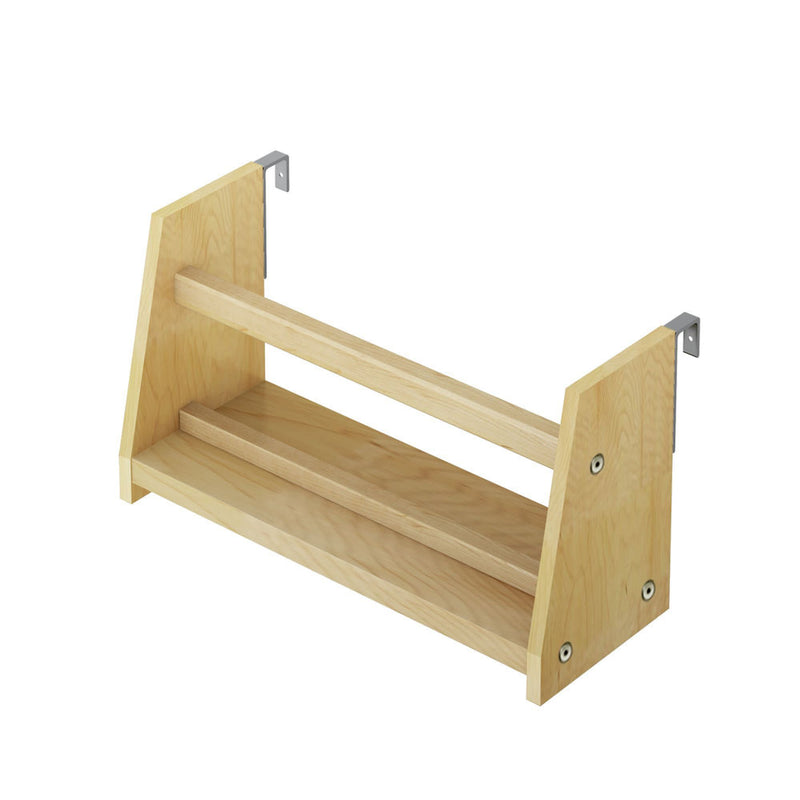 Wooden wall-mounted spice rack with a natural finish and two shelves, perfect for kitchen organization.