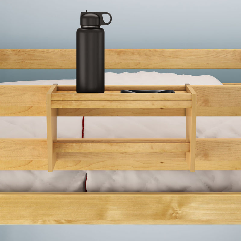 Wooden bed shelf with black water bottle on a bunk bed for dorm room organization.