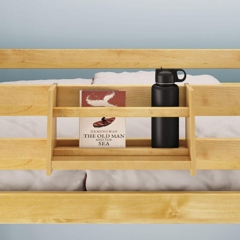 Wooden bed shelf with "The Old Man and the Sea" book and black water bottle.