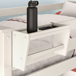 White bed shelf with black water bottle and smartphone near mattress.